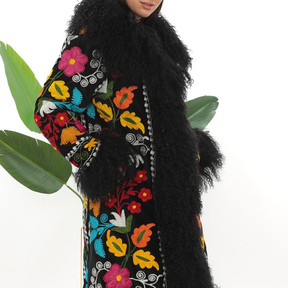 Shearling Trimmed Vintage Coat, Almost Famous 1970s, Boho Fashion, Suzani Coat, - Picture 5 of 5